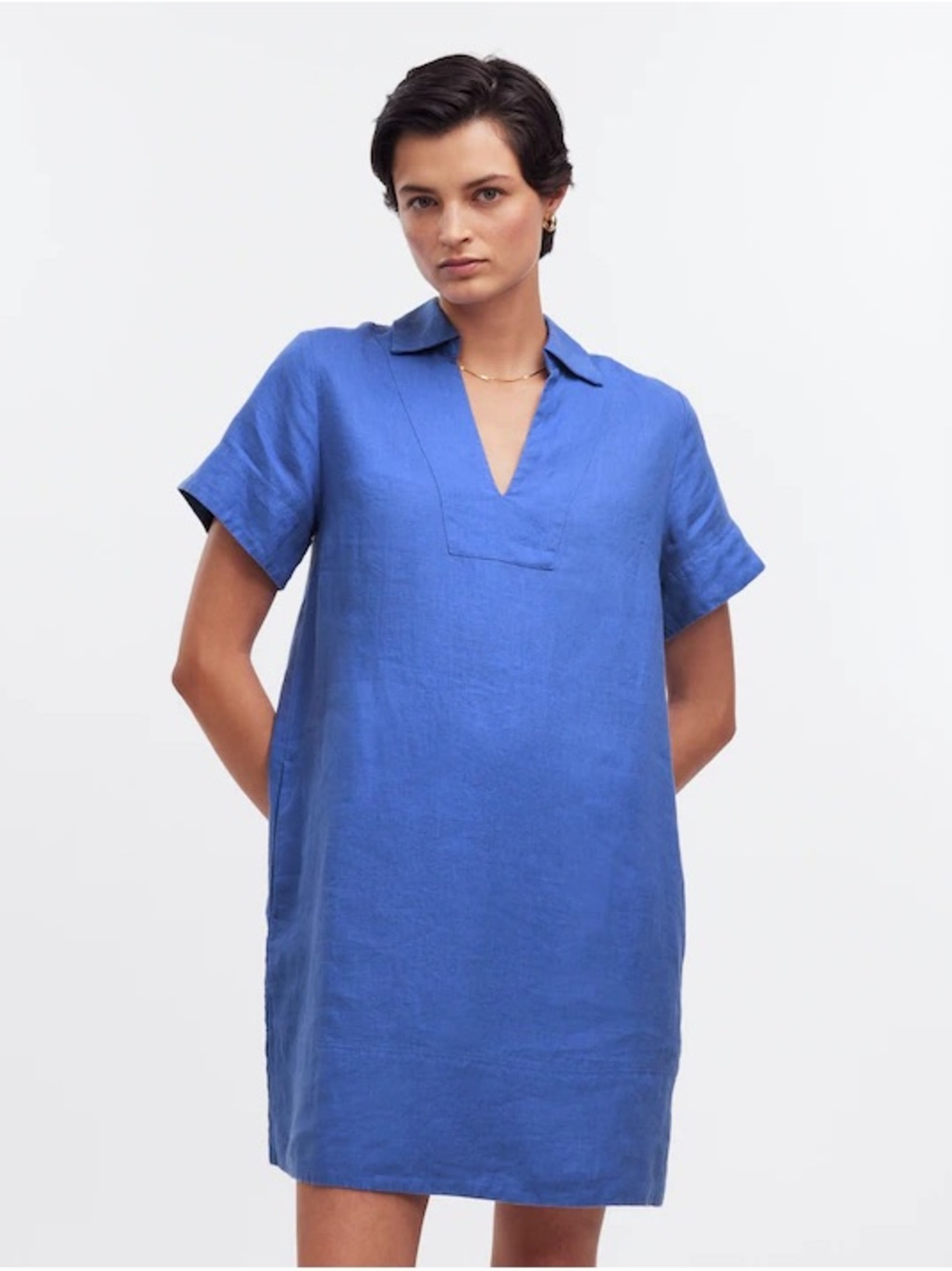 Madewell V-Neck Mini Dress 100% Linen in Blue Star Size Small